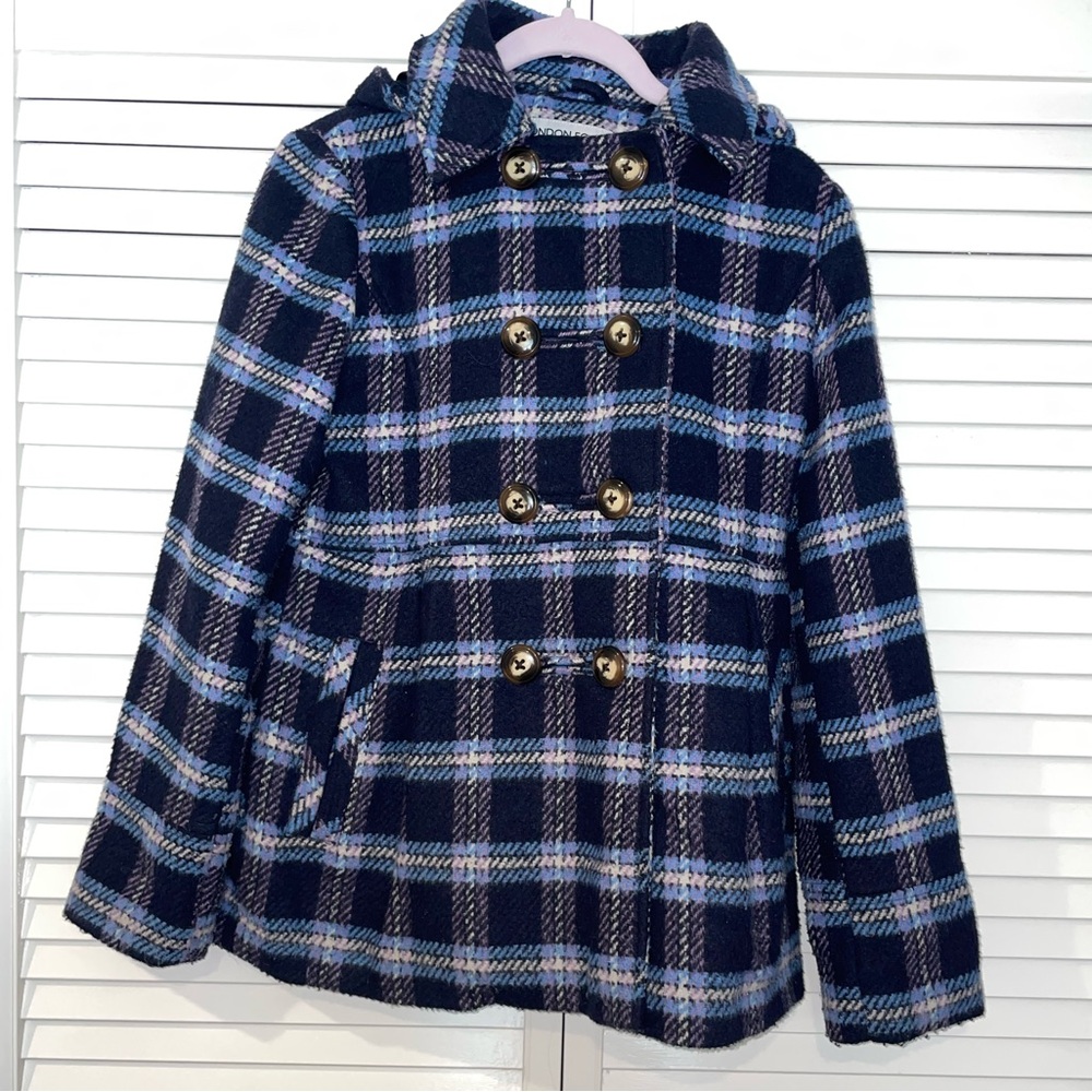Girl’s London Fog Coat Large 14/16 Blue Plaid Hooded